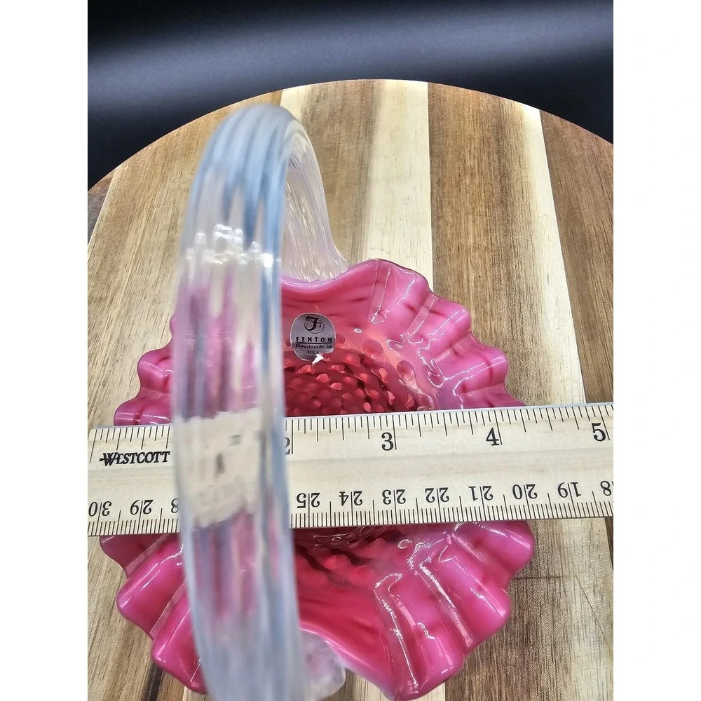 Fenton Cranberry Pink Opalescent Hobnail‎ Basket Clear Handle 6